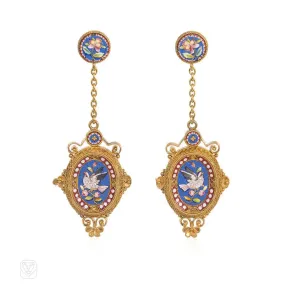 Antique gold and micromosaic earrings of floral and dove motifs