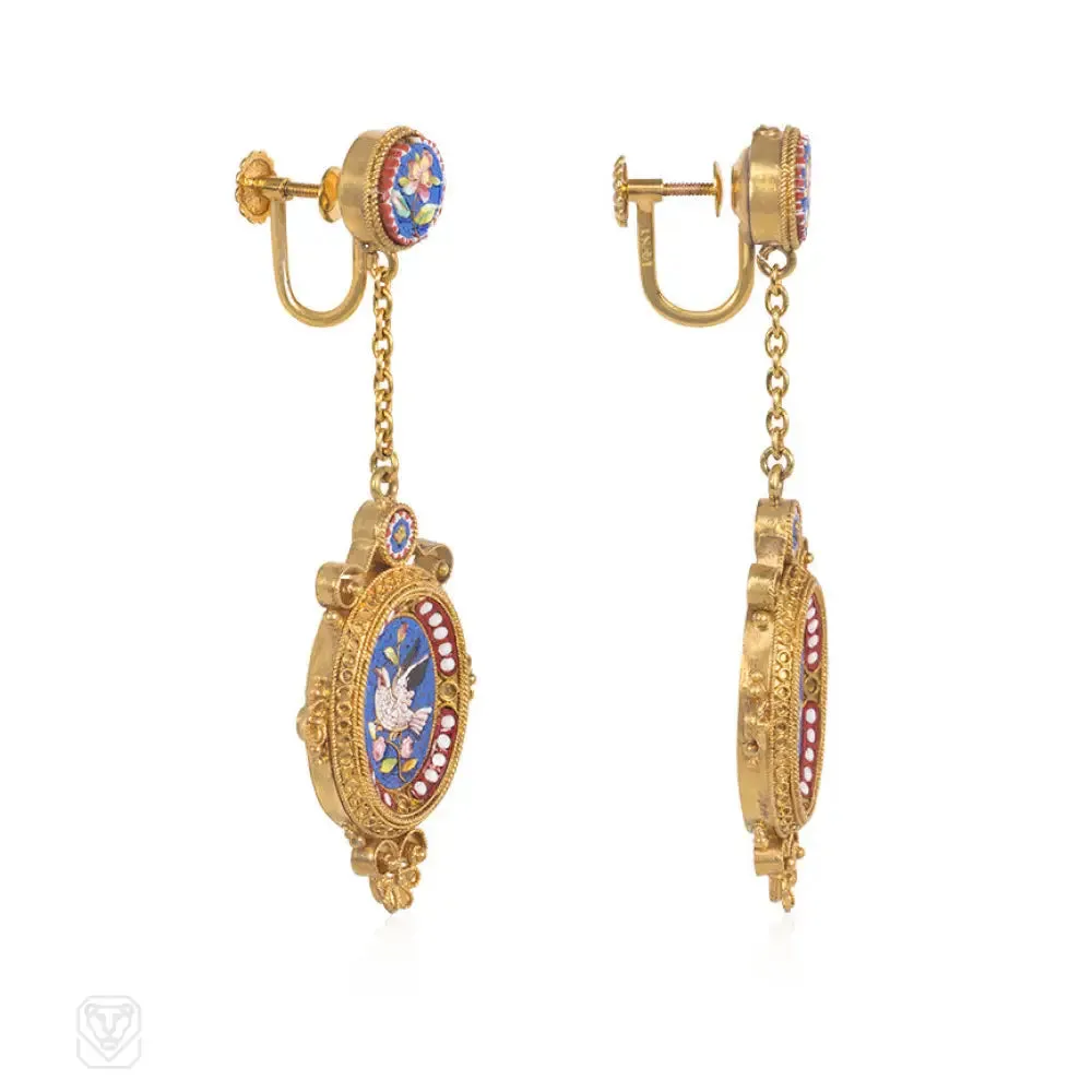 Antique gold and micromosaic earrings of floral and dove motifs