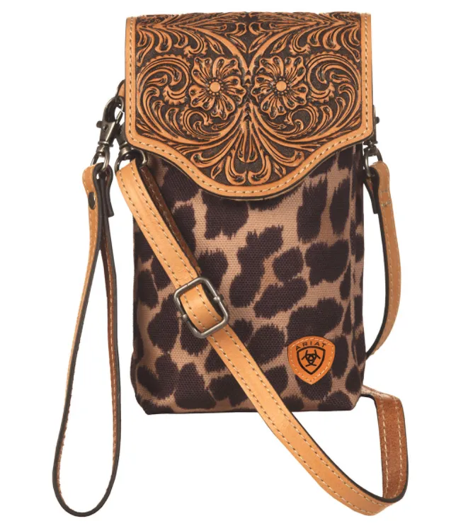 Ariat Tooled Leather and Leopard Cell Case Crossbody Bag