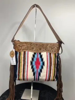 T-1268-1MontanaCo Hand Carved Leather with Fringes Shoulder Bag- Multi