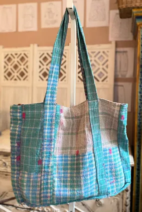 Turquoise Kantha Large Tote Bag